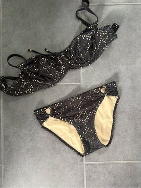 Asos Lepel Swim Bikini Black Nude Gold Accents 32DDD XS